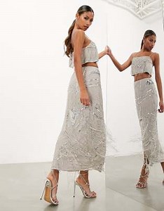 ASOS EDITION sequin and fringe artwork midi skirt in pale grey | ASOS