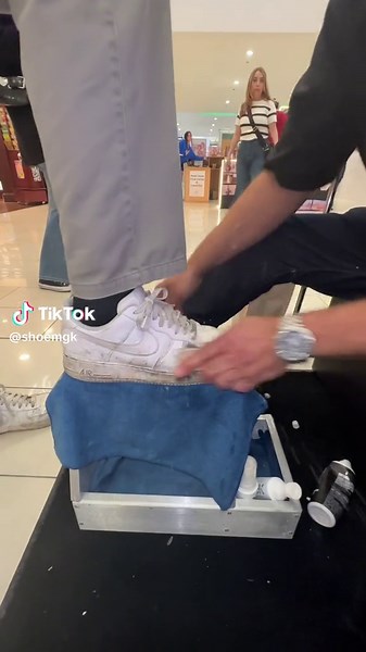 Cleaning Air Forces with the MVP KIT. Doesn't take a lot of cleaner to get the shoes looking NEW again. Get your kit today, available online and in person. #fyp #airforces #shoemgk #shoes #shoecleaner #viral