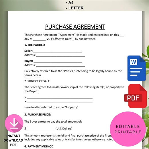 Printable Purchase Agreement Template | Editable Purchase & Sale Contract | Real Estate / Personal Property Bill of Sale | PDF | MS Word - Etsy Australia