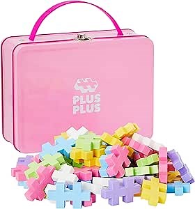 PLUS PLUS Building Set with Metal Suitcase, Open Ended Stem Toy for Toddlers and Preschool, 70 Big Pastel Interlocking Pieces