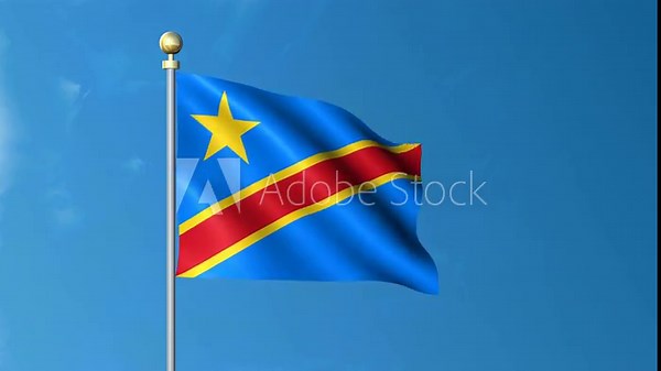 Democratic Republic of the Congo Flag Waving in the Wind – 3D Seamless Loop with Blue Field, Yellow Star, Red Diagonal Stripe – National Symbol of DRC on Clear Blue Sky Background