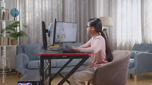 Asian Teen Girl Programmer Learning Online From Teacher On Desktop Computer While Creating Software Engineer Developing App, Program, Video Game At Home. Terminal With Coding Language Stock Video