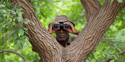 Peeping tom with binoculars is hiding in a tree and stalking someone - stalker, surveillance, and creeper watching concept