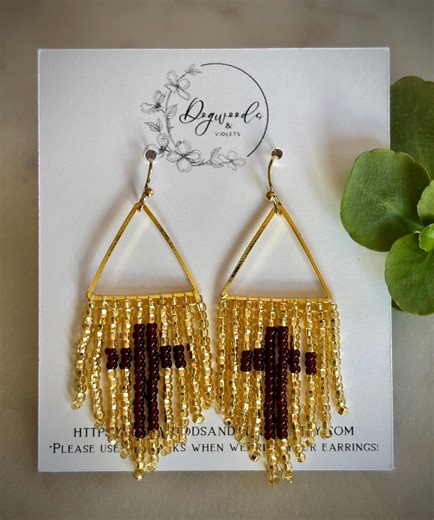 Gold and Brown Cross Dangle Seed Bead Fringe Christian Earrings - Etsy