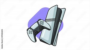 Animated cartoon of a next-gen gaming console and controller. The console is white with black accents, and the controller is black with white accent. The animation is perfect for gaming and technology