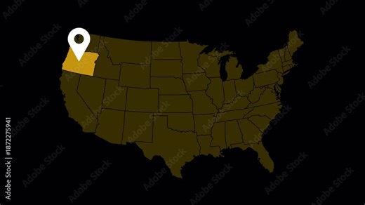 High quality 4K animation of the Oregon state map with a location pin marker. Clean motion graphic suitable for navigation, travel, business location, presentations