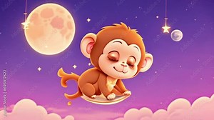 breathing animation, cute monkey lullaby cartoon sleeping on forest, looped video background