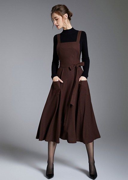 Linen Pinafore, Linen Pinafore Dress, Brown Linen Midi Dress, Women's Fit Flare Pinafore Dress With Pockets, Custom Dress, Xiaolizi 3878# - Etsy