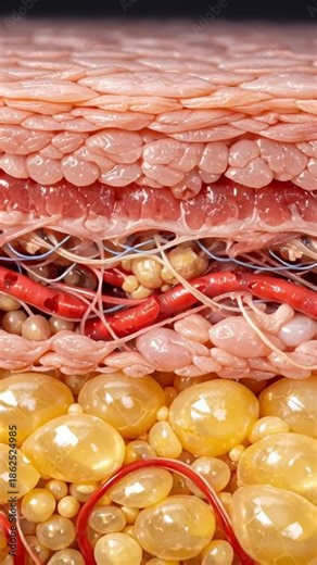 Skin anatomy medical layer cross section detail fat cell structure with nerve vessel muscle tissue closeup texture health science illustration for anatomy education and biology study