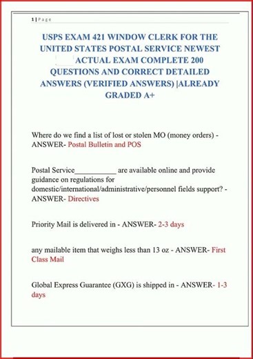Usps Exam 421 Window Clerk For The United States Postal Service Newest Actual Exam Complete 200 Que