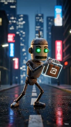 AI Generates video # A mime robot mimes an invisible box on a rain-slicked city street. #
