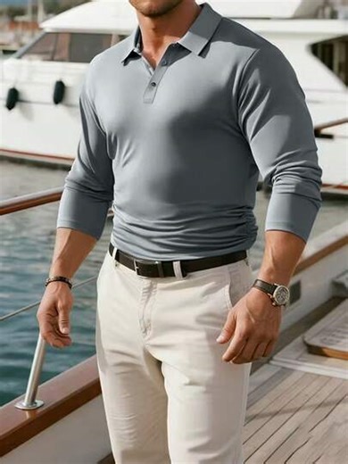 Men's Business Casual Slim Fit Long Sleeve Polo Shirt, Solid Color Button Collar Design, Suitable For Daily Wear And Business Office. Easter Polo Sports | SHEIN