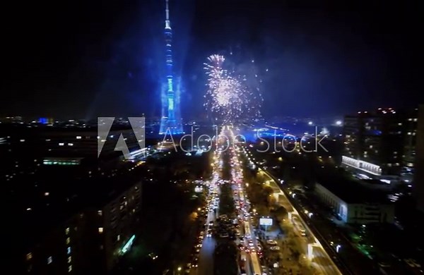 Fireworks light up dark sky near Ostankinskaya TV tower