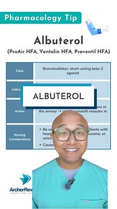 Albuterol is one of the most common respiratory medications – it’s a bronchodilator that relaxes muscles in the airways and increases airflow to the lungs! Albuterol is used to treat or prevent bronchospasms in clients with asthma or certain types of COPD. 📣 Need more help with pharmacology for the Next Gen NCLEX? Join our next Pharmacology Crash Course happening July 21st-25th! Visit https://archerreview.link/Pharma-Crash-Course to save your spot! #nclexrn #nclexreview #nclexhelp #nclexpass #n