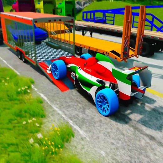 Quadruple Trucks Transporting cars with Flatbed Trailers _ Cars vs Speedbump vs Train vs Pothole Ep.26 #fblifestyle #flatbedtruck #CarTransport #BeamNGDrive | Gamingworld