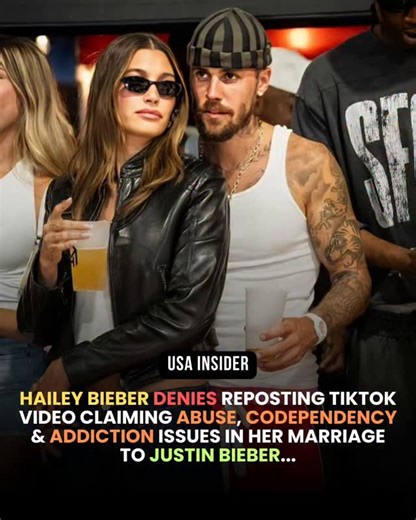 USAInsider on Instagram: "Hailey Bieber swiftly shut down viral rumors claiming she reposted a TikTok video accusing her marriage to Justin Bieber of involving abuse, codependency, and addiction. The controversy erupted on January 10, 2026, when social media users shared screenshots alleging the brief repost on her Instagram Stories. She addressed it directly, emphasizing the falsehood amid ongoing scrutiny of their relationship...#haileybieber #justinbieber #hollywoodnews"