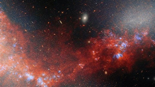 Close-up: NGC 4490 & NGC 4485 Dwarf Galaxies in Canes Venatici | Webb Telescope FriendsofNASA.org | Full Article: https://www.friendsofnasa.org/2025/12/close-up-ngc-4490-ngc-4485-dwarf.html The NASA/European Space Agency/Canadian Space Agency James Webb Space Telescope has spied a pair of dwarf galaxies engaged in a gravitational 'dance.' These two galaxies are named NGC 4490 (left) and NGC 4485 (top right). They are located about 24 million light-years away in the constellation Canes Venatici (