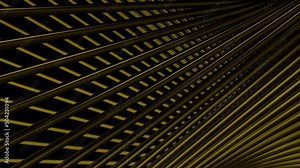 Crossed abstract golden metal 3D stripes flowing on a black background, seamless loop. Motion. Optical illusion with metal grid material.
