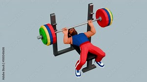 3d strongman doing bench press. Bodybuilder training. Cartoon looped animation with alpha channel.