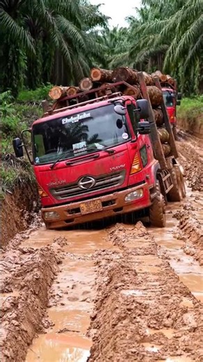 "Terrifying Moment! Convoy of Logging Trucks Overturns on Extreme Muddy Road"