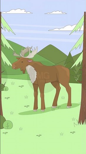 Moose walking through peaceful mountain clearing cartoon vertical animation