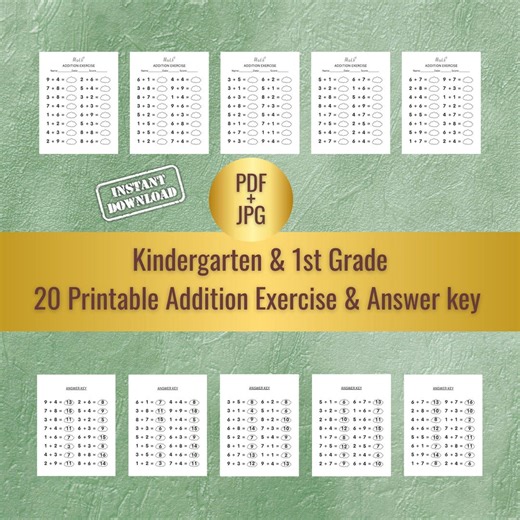Kindergarten I 1st Grade Addition Worksheets | 20 Printable Math Exercises With Answer Key | PDF I JPG - Etsy