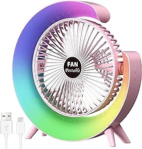 5 inch Personal Desk Fan with LED Light,3 Speeds Portable Table Fan 180° Tilt,USB Rechargeable Battery Powered Fan,Quiet Cooling Fan for Bedroom Office Outdoor Camping Fan, Small, pink