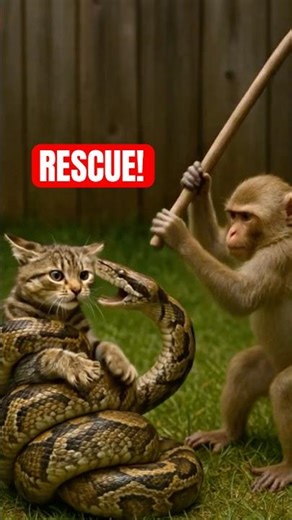 Monkey vs Python: Shocking Kitten Rescue 🐒🐍🐱 #shorts Penyelamatan Anak Kucing yang Mengejutkan