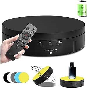 Qinmay 360-Degree Rotating Display Stand, 360 Degree Photography Turntable with Remote Control,5 PVC Backgrounds,Battery/USB Power Supply for Product Photography Display
