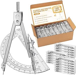 Zonon 50 Sets Protractor and Compass, Student Geometry Math Set Drawing Compass and 6 Inch Clear Swing Arm Protractors 180 Degree Math Protractor