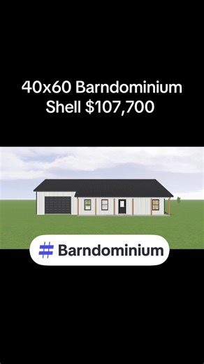 40x60 Barndominium Shell Package – Ready for Your Dream Build! Looking to build your barndo? We offer high-quality shell packages ready to go! ✨ Package Includes: ✔️ 40x44 of living area (1,760 sq ft) ✔️ 40x16 garage area (640 sq ft) ✔️ Black vinyl windows ✔️ 12x8 black overhead garage door ✔️ (1) 3’ black entry door ✔️ 7/16” OSB Zip Board on roof & walls ✔️ GAP rain & ice guard on roof ✔️ Umbrella cap screws for secure metal sheathing and no leaks ✔️ 1’ soffit overhang ✔️ 8x40 covered porch wit
