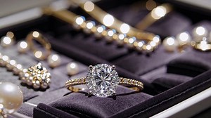 Close-up video of elegant jewelry in a display box, showcasing a sparkling diamond ring and pearl | Premium Stock Video Footage