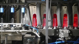 Elements of a robotized production line are moving transparent PET preforms
