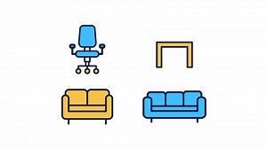 Animated seats color icons. Living room furniture. Office chair. Dining room set. Seamless loop HD video with alpha channel on transparent background. Simple filled line motion graphic animation