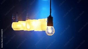 Bright yellow, 3D text Innovation sign, lightbulbs hanging by wires to the left of the sign, blue spotlight background