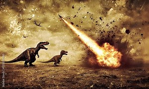 Dinosaurs facing meteor impact, prehistoric extinction event, fiery sky, apocalyptic scene