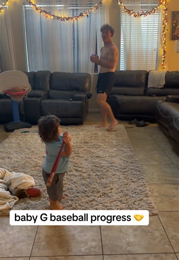swinging a metal bat at 1 year and 8 months old 👀 #babyG #baseball #progress #babytok