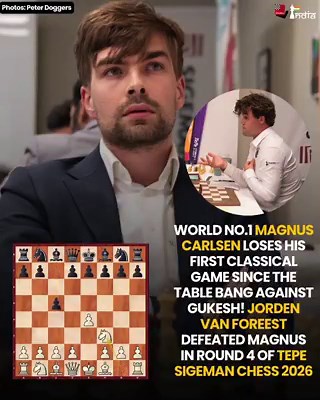 The last loss Magnus Carlsen suffered in a classical game of chess was against the World Champion D Gukesh at Norway Chess 2025, the famous table slam game. That was until today - Jorden van Foreest defeated Magnus Carlsen in a wild battle in the 4th round of Tepe Sigeman Chess 2026!Jorden managed to outplay Magnus and create a winning advantage in a complicated multi-piece ending. The conversion was much, much harder - there were multiple moments where Magnus had an equal position according to 