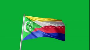 Flag of the comoros on a green screen, no background, flag on a flag pole waving in the wind, african country, national symbol of the comoros island, picture of a flag