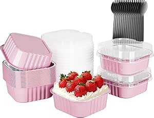 15 Pack Square Mini Cake Pans with Lids,Mini Loaf Pans with Lids,Disposable Ramekins Cupcake Cups,Aluminum Foil Baking Cups,Muffin Tins,Dessert Cups for Wedding Birthday Party Picnics,10oz (Pink)