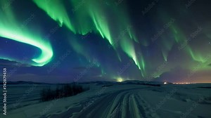 winter night landscape with snow and northern lights aurora borealis in the sky.