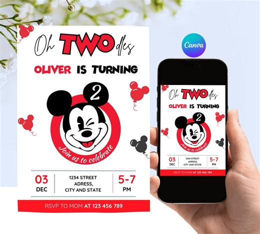Editable Mickey Mouse Oh Twodles Invitation, 2nd Birthday 5x7 Canva Template - Etsy