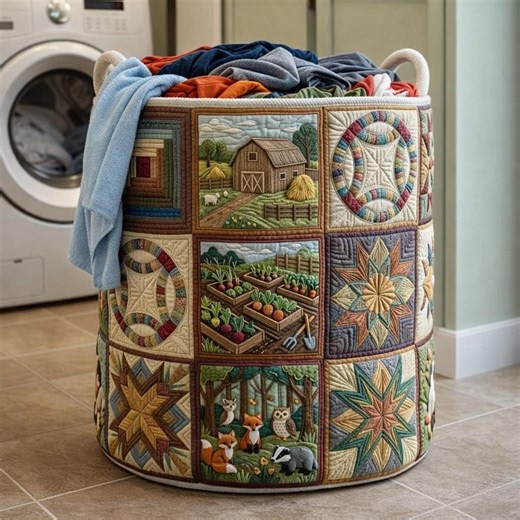 Quilted Laundry Basket Farm Patchwork Fabric Hamper Rustic Storage Bin Foldable Clothes Organizer Laundry Room Decor Gift