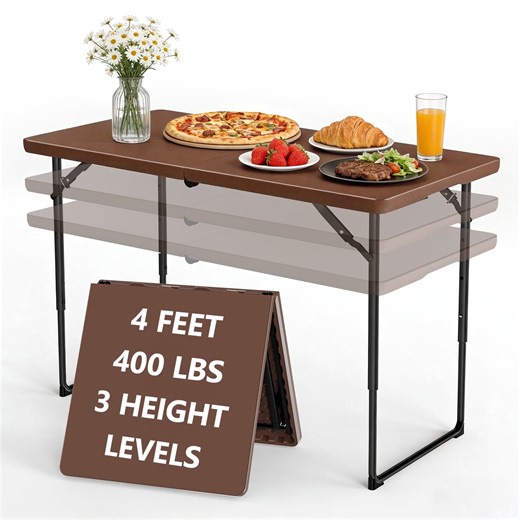 WLLJOY 4 Ft Adjustable Height Folding Table, Max Load 400lbs, Portable Camping Table with Handle for Home Party, Camping Parties and Weddings, Brown