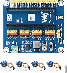 Servo Driver Board with 4PCS Micro SG90 Servos for Raspberry Pi Pico, 16-Channel Servo/PWM Outputs 16-Bit Resolution Pico Servo Motor Controller Module Supports SG90 MG90S MG996R