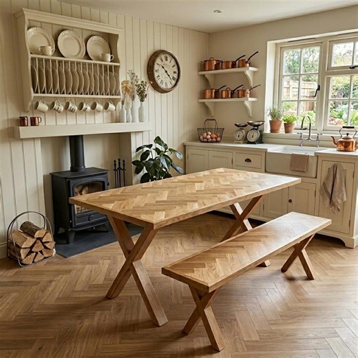 Solid Oak Herringbone Dining Table With Bench - X Frame Wood Legs - Bespoke Wooden Dining Set - Handmade in UK | Forest & Fable - Etsy