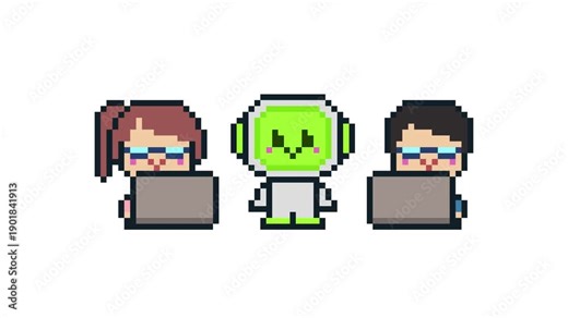 8-bit pixel art neon green AI robot and developer. looped animation 4k 30fps