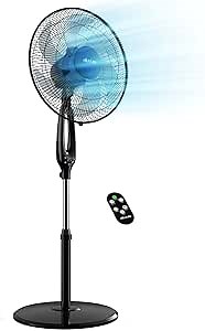 16 Inch Pedestal Fan, 6-Blade 85°Oscillating Standing Fans with Remote Control 3 Speed 3 Wind Modes 12-Hour Timer Ultra Quiet Adjustable Height Cooling Floor Fan for Bedroom Home Office Black