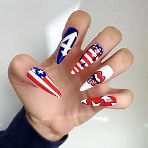 4th of July Press on Nails Long Stiletto Fake Nails Independence Day with Red Blue White Striped Star Flag Lips French Tips Designs Patriotic Elements Artificial Glue on False Nails for Women 24 Pcs