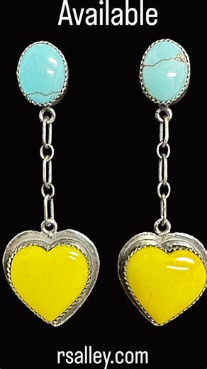 richard salley on Instagram: "Sunshine meets sky in these playful, eye-catching dangle earrings. Soft blue turquoise cabochons sit at the ear in sterling silver bezels, their natural matrix adding a touch of earthy character. Below, bright yellow Rosarita hearts glow with a cheerful warmth, suspended from delicate lengths of sterling silver chain for graceful movement and shimmer. Lightweight and comfortable for all-day wear, these post-style earrings bring a perfect balance of color, charm, and